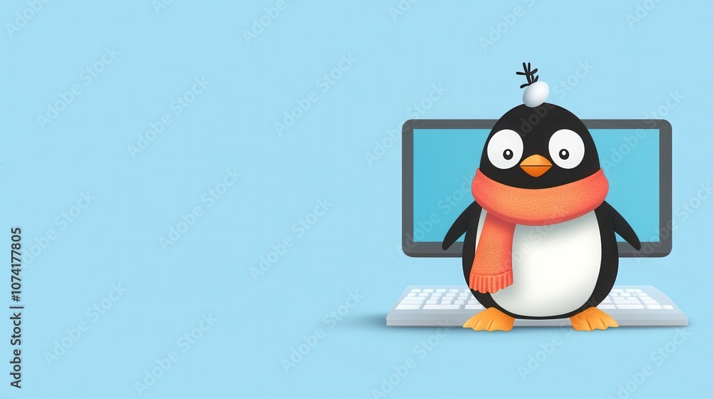 Poster cute cartoon penguin in a scarf working remotely at a computer, representing remote work and product