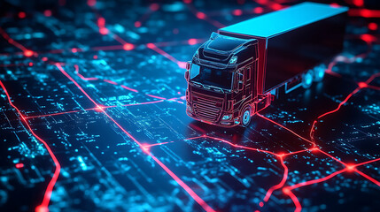 A map with highlighted optimal routes for a delivery fleet, representing efficient route planning in logistics 