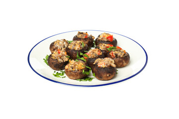PNG stuffed mushrooms in a plate isolated on a white background.