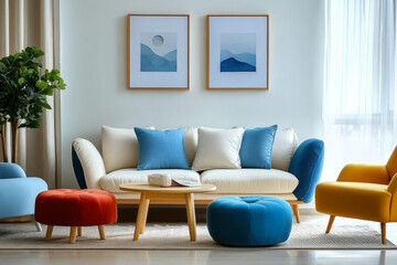 scandinavian interior design of modern living room  vibrant colorful  furniture
