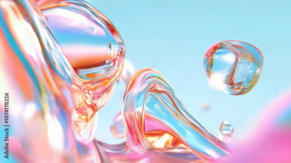 Poster close-up of colorful, iridescent liquid shapes with a smooth, glossy texture against a light backgro
