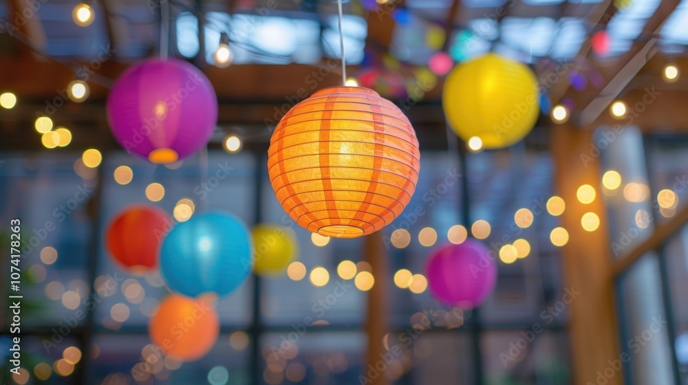 Aufkleber colorful paper lanterns and string lights hang from the ceiling adding a whimsical touch to the spac