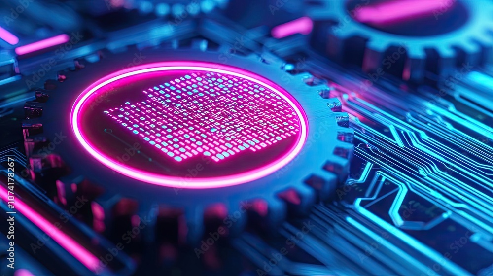 Poster close-up of digital gears with neon lights and circuit patterns.