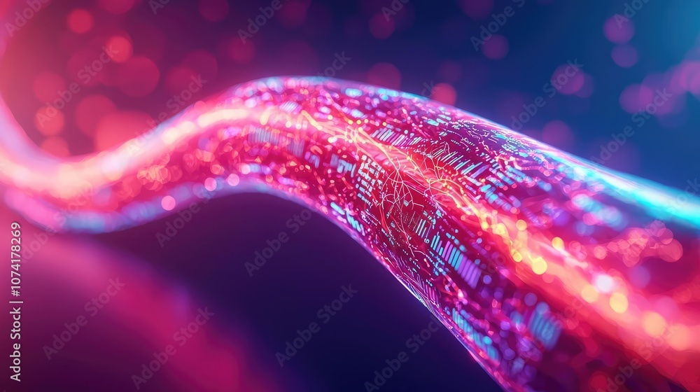 Poster abstract futuristic wave with glowing circuits on a dark background.