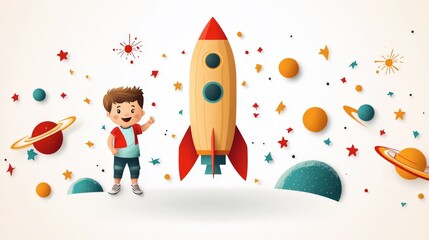 Cheerful Boy Excitedly Standing Next to a Colorful Rocket in a Whimsical Space Background with Planets and Stars