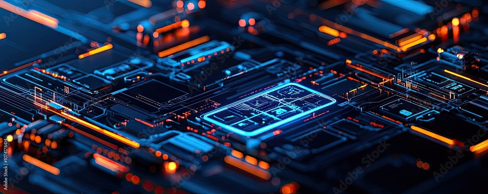 Poster close-up of a vibrant circuit board with glowing components and intricate details.