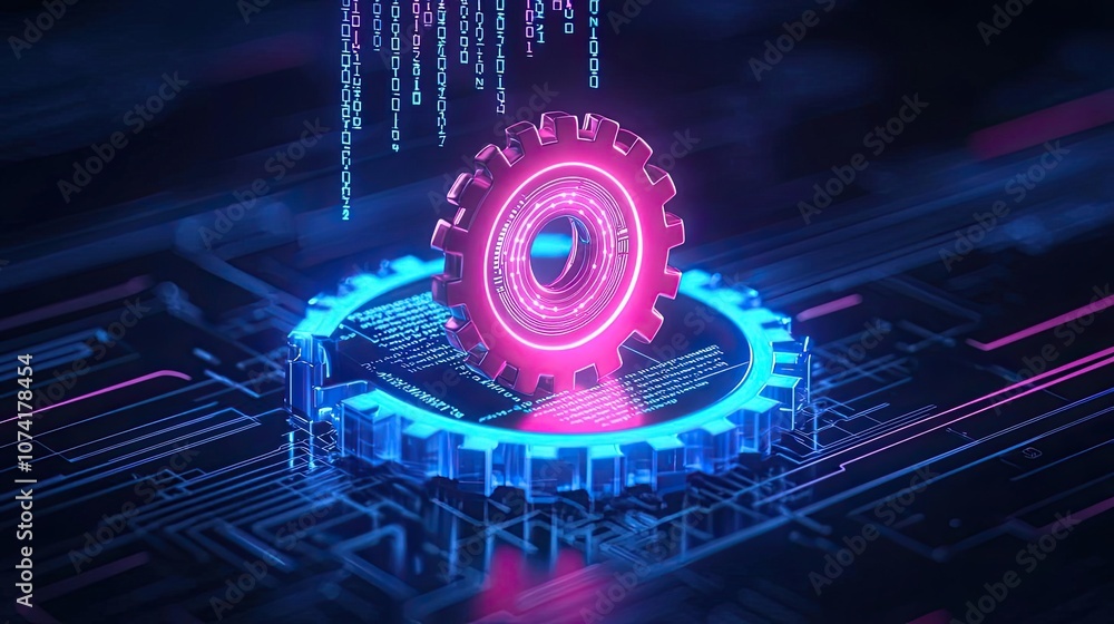 Poster abstract digital design featuring colorful gear and circuit patterns.
