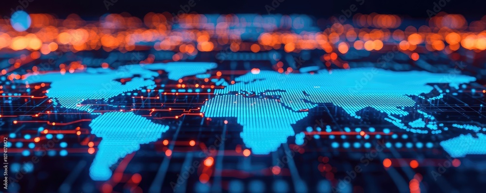 Poster digital world map with glowing circuits on a dark background.