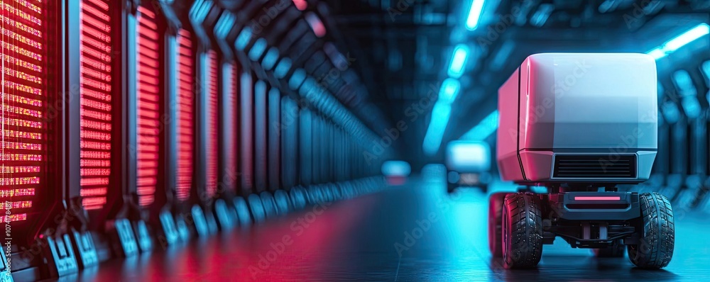 Poster automated delivery robot in a futuristic, illuminated server room.