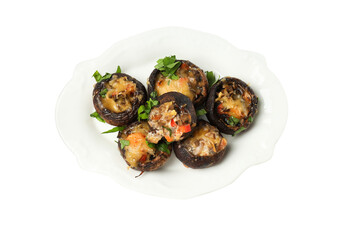 PNG stuffed mushrooms in a plate isolated on a white background.