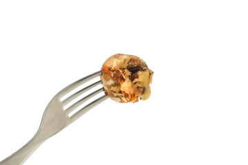 PNG stuffed mushroom on a fork isolated on white background.