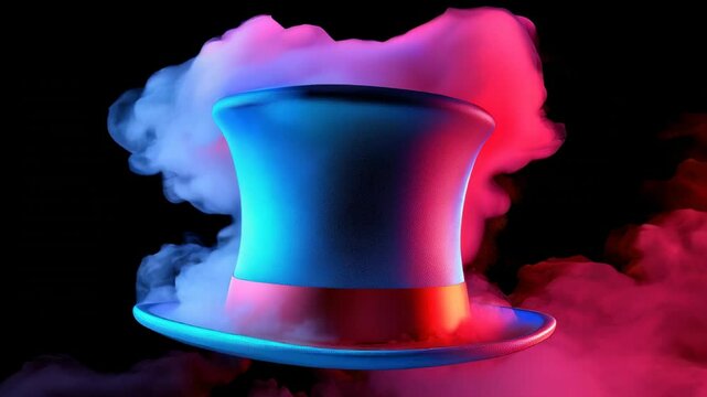 Brightly colored top hat in blue and red, surrounded by smoke against a dark background, evoking magic and mystery.