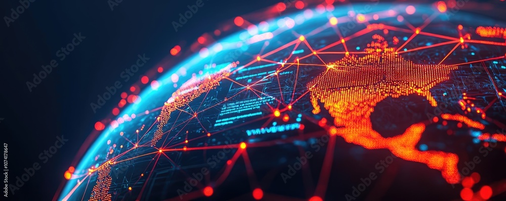 Poster digital globe network with glowing data connections and abstract visualization.