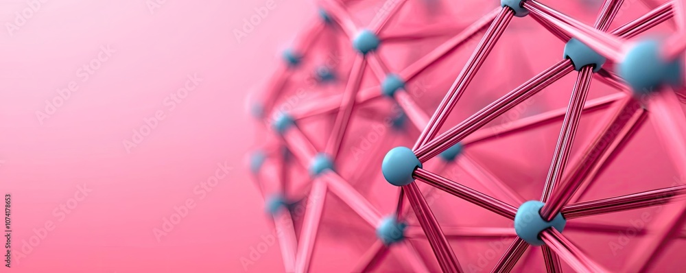 Poster abstract network structure with red and blue nodes on a pink background.