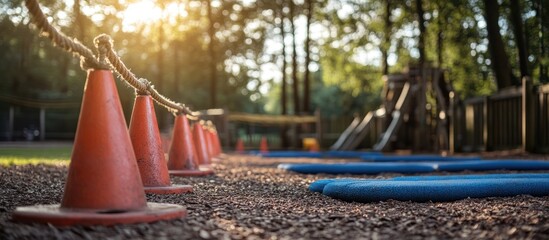 Orange traffic cones and blue foam mats on a playground with a wooden jungle gym in the background.