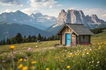 Fototapeta premium Serene Wooden Cabin with Blue Door in a Wildflower Field Surrounded by Majestic Mountains - Tilt-Shift Photography
