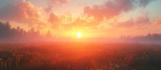 Fototapeta premium Beautiful sunrise over a foggy meadow.