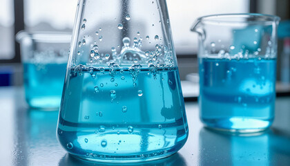 Close-up of beakers with blue liquid in chemistry lab