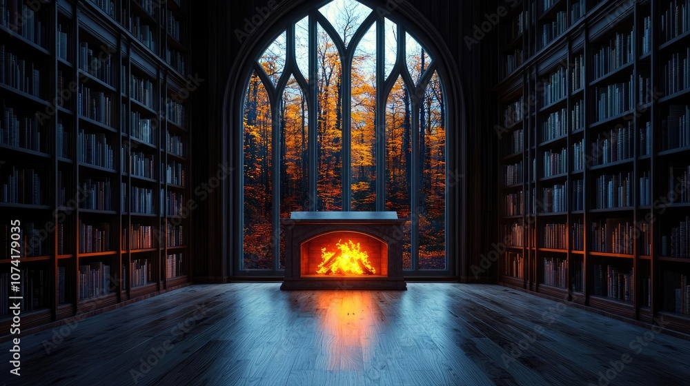 Poster cozy library with a fireplace and autumn view through large windows.