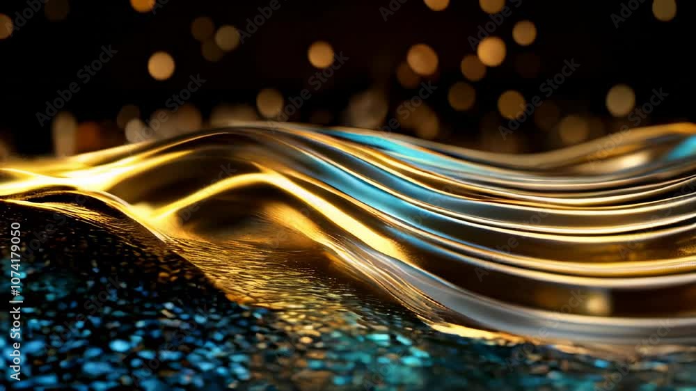 Poster abstract metallic waves in gold and blue with a soft bokeh light effect, creating a luxurious and me