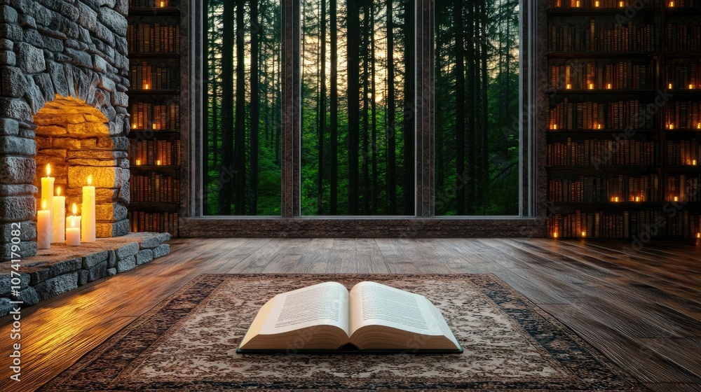Poster open book on wooden floor with forest view through windows and soft lighting.