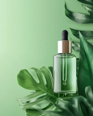 natural herbal cosmetic product for skin care. serum and oil in glass bottles with monstera leaf