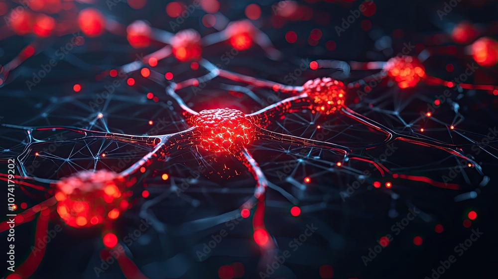 Poster abstract representation of interconnected red neurons on a dark background.