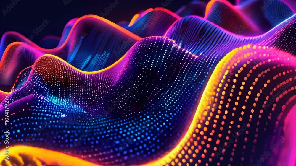 Poster bright, colorful digital waves with dotted patterns in neon hues, creating a vibrant and futuristic 