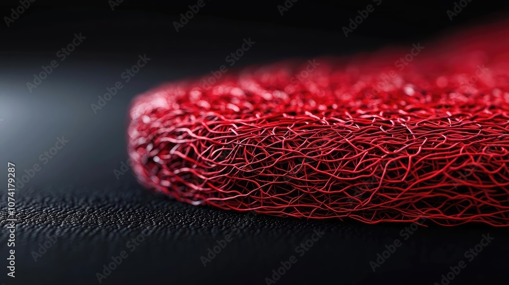 Poster close-up of intricate red thread texture on a dark background.
