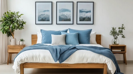 Fototapeta premium wooden bed with blue pillows and two bedside cabinets against white wall