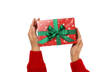 Happy New Year, red gift box with green bow and striped lollipop close up top view, created with Generative AI technology, PNG