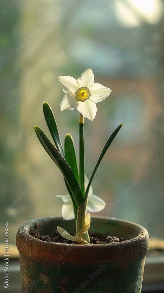Poster a beautiful white flower blooming in a pot bathed in natural light with a soft background creating a