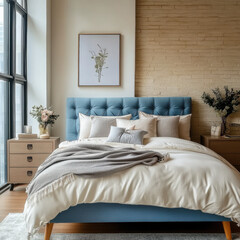 Fototapeta premium Wooden blue bed grey fabric headboard Loft interior design