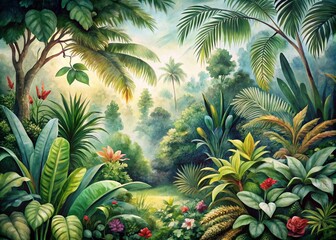 Vintage Style Jungle Watercolor Artwork Capturing Lush Greenery, Exotic Flora, and Enchanting Wildlife in a Nostalgic Atmosphere for Nature Lovers and Art Enthusiasts