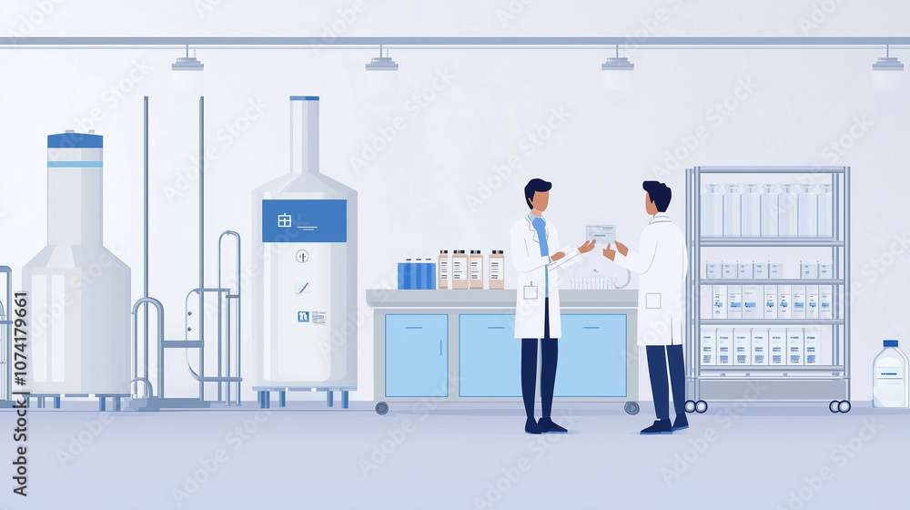 Poster scientists collaborating in modern lab: two scientists in lab coats collaborate amidst state-of-the-