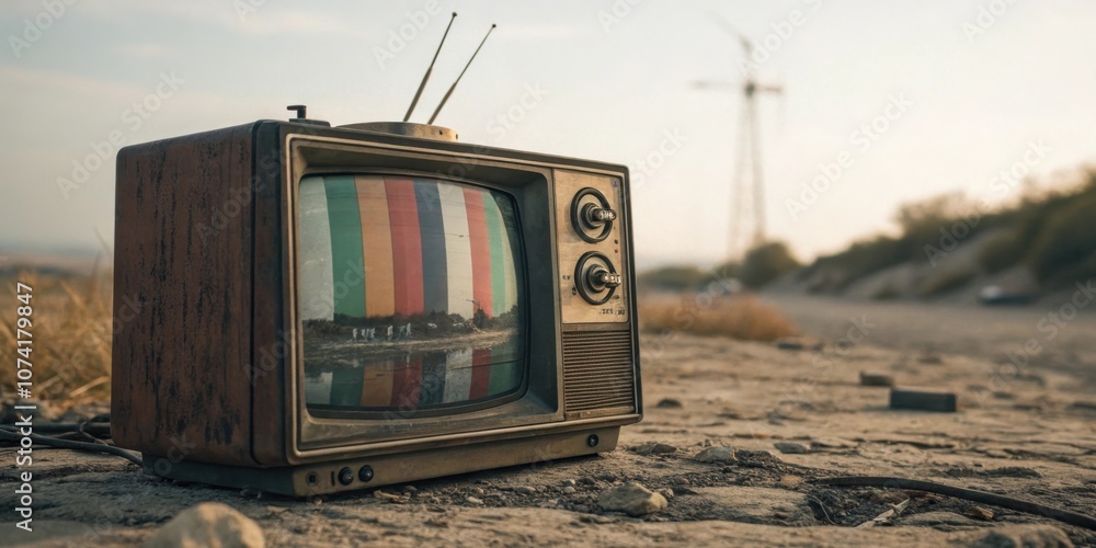 Aufkleber retro channel search an analog television is stuck on an endless loop of static and test patterns th