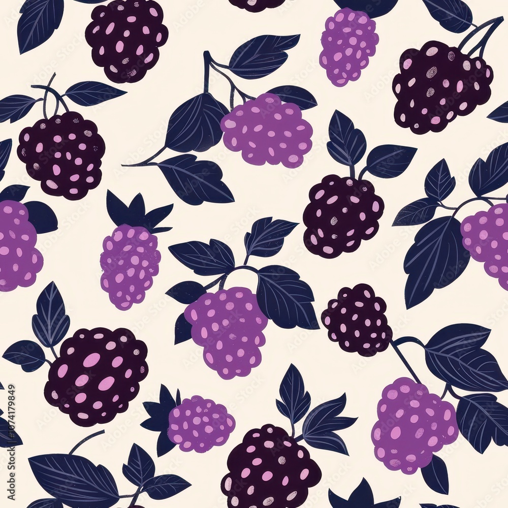 Poster seamless minimal boysenberry pattern with vibrant fruits and leaves on a light background for fabric