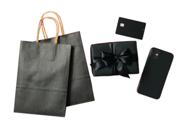 Black Friday, black paper bags, gift box, smartphone and payment card, created with Generative AI technology, PNG