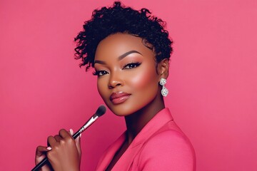 Fototapeta premium A young woman of color with short curly hair holds a makeup brush and looks confidently at the camera. She is wearing a pink blazer and has natural makeup on.