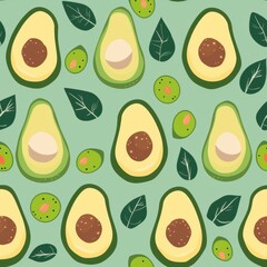 Seamless Minimal Avocado Pattern Design Featuring Slices, Whole Avocados, and Leaves on a Soft Green Background Perfect for Fabric and Textile Applications