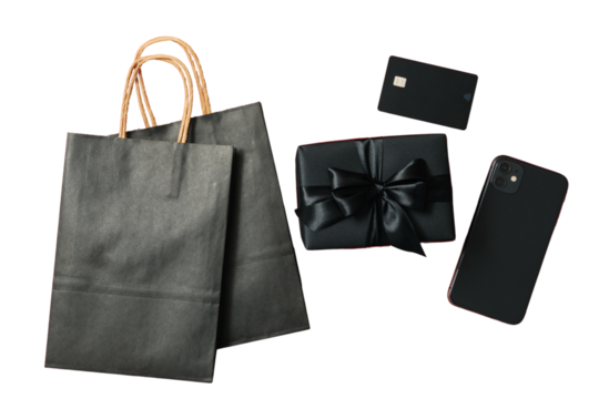 Black Friday, black paper bags, gift box, smartphone and payment card, created with Generative AI technology, PNG