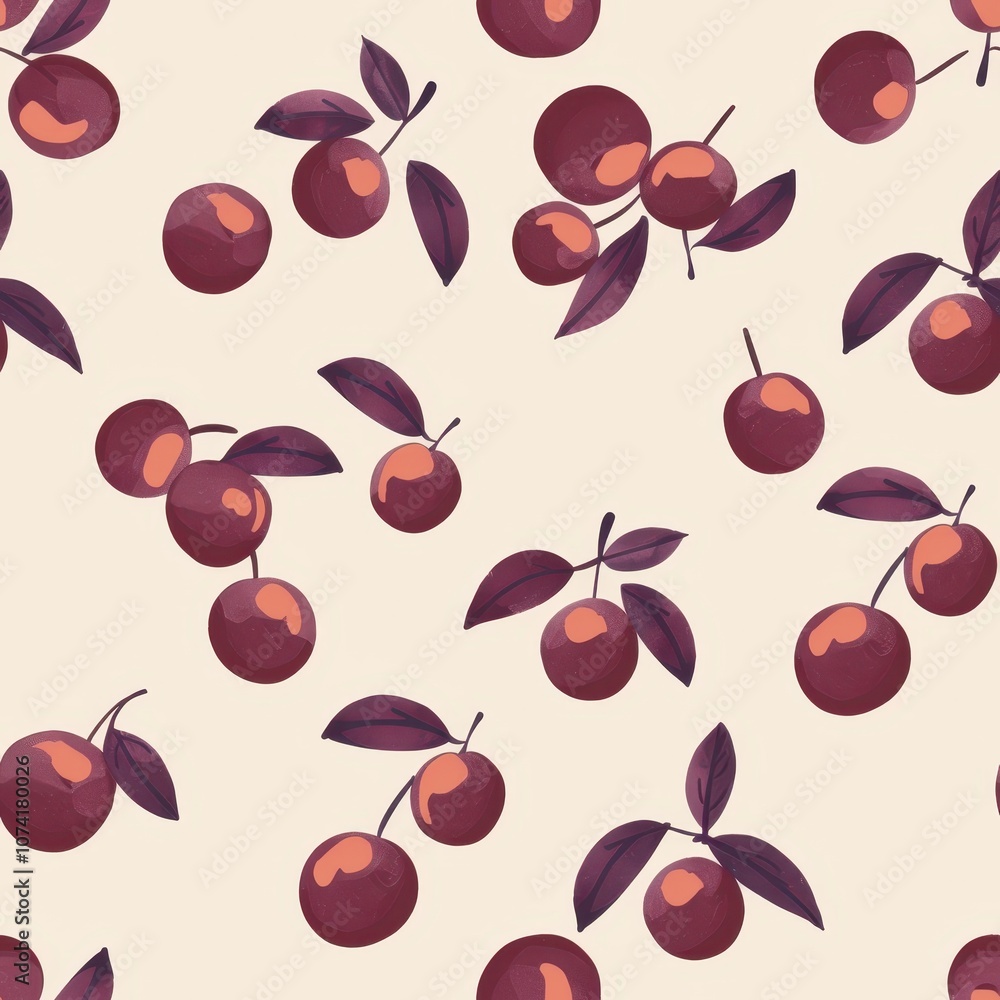Poster seamless minimal pattern featuring mangosteen fruits with leaves on a soft beige background perfect 