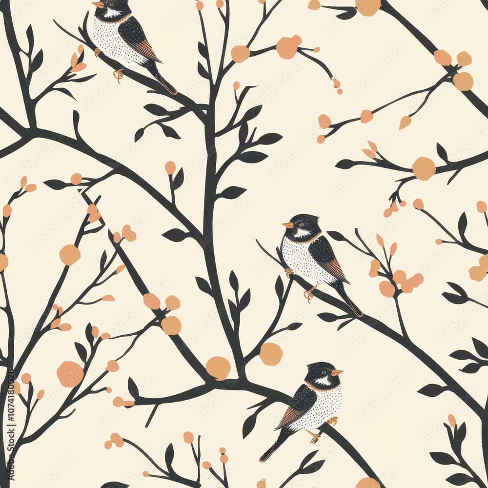 Poster minimal seamless pattern featuring sparrows on branches with delicate flowers, perfect for fabric ap
