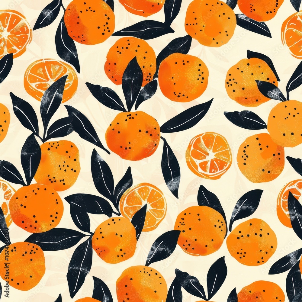 Poster minimal tangerine pattern seamless design for fabric use featuring stylized citrus fruits and leaves