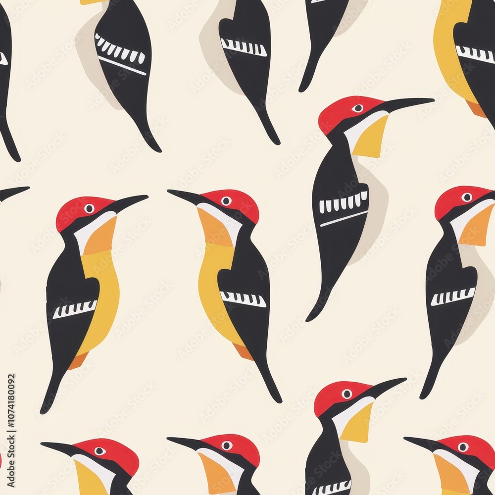 Poster seamless minimalist woodpecker pattern for fabric design, featuring colorful birds on a light backgr