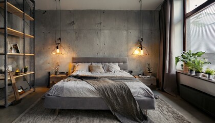 Bedroom interior design with an industrial touch, concrete walls, and soft lighting.