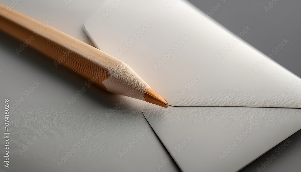 Poster a close-up of a pencil resting against a sealed envelope, showcasing the textures and colors of both