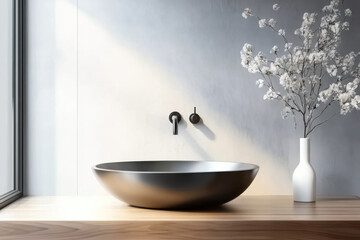 bathroom and sink  wall mounted on mock up concrete wall with copy space Minimalist interior design