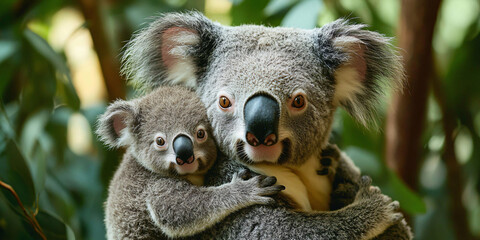 A mother koala cradles her baby in a tender embrace,
