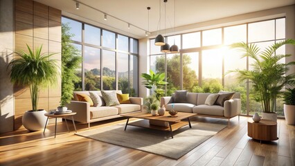 Fototapeta premium Sunlit Minimalist Living Room with Long Exposure, Bright Natural Light, Modern Design Elements, Cozy Ambiance, Elegant Furniture, Open Space, Soft Textures, Calming Atmosphere, Interior Decor